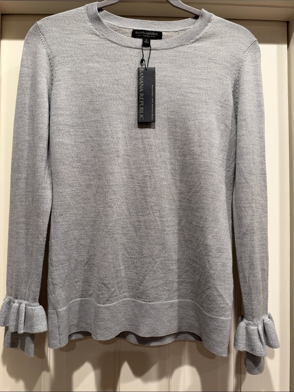 Banana Republic Light Gray Crewneck Sweater with Ruffle Cuffs